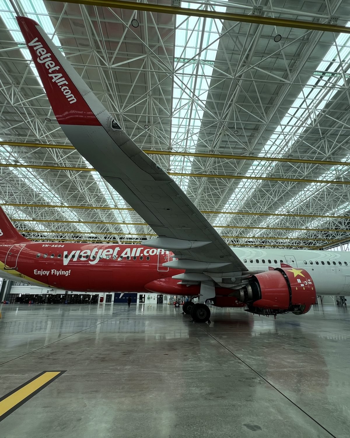 Narrowbody airliner in a wide hangar, tail and wing seen from beneath